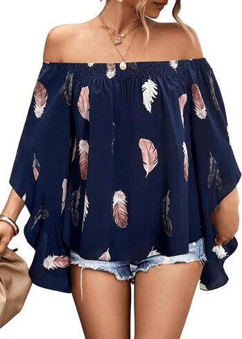 SOLY HUX Women's Off Shoulder Feather Print 3/4 Flounce Sleeve Blouse Tops in Saudi Arabia