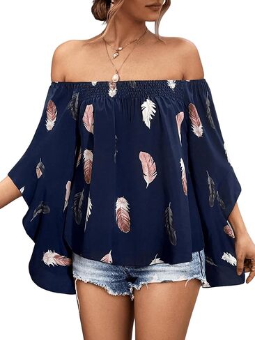 SOLY HUX Women's Off Shoulder Feather Print 3/4 Flounce Sleeve Blouse Tops in Saudi Arabia