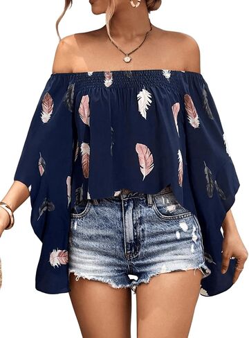 SOLY HUX Women's Off Shoulder Feather Print 3/4 Flounce Sleeve Blouse Tops in Saudi Arabia