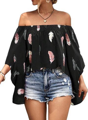 SOLY HUX Women's Off Shoulder Feather Print 3/4 Flounce Sleeve Blouse Tops in Saudi Arabia