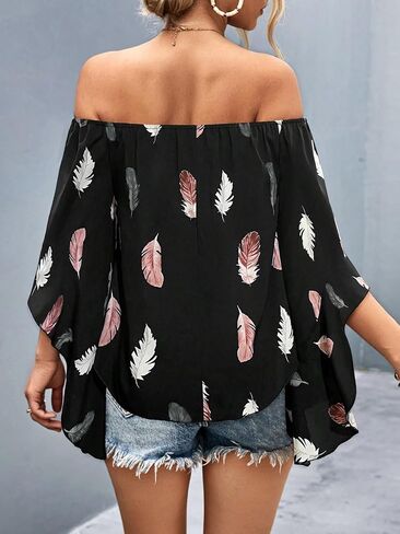 SOLY HUX Women's Off Shoulder Feather Print 3/4 Flounce Sleeve Blouse Tops in Saudi Arabia