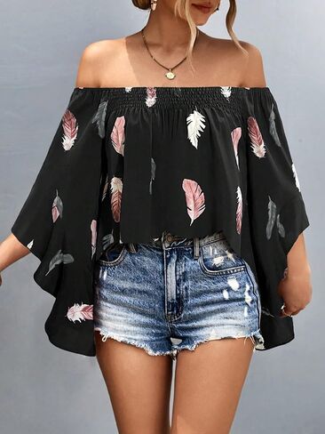 SOLY HUX Women's Off Shoulder Feather Print 3/4 Flounce Sleeve Blouse Tops in Saudi Arabia