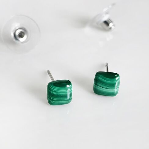Malachite Earrings, Green Gemstone Stud Earrings for Women, Genuine Malachite Stud Earrings for July Birthstone Jewelry, Cute Small Stud Earrings for Men in Kuwait