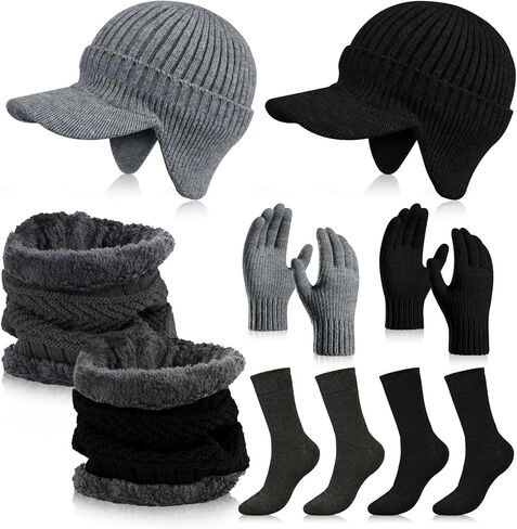 8 قطع قبعة الشتاء قبعة صغيرة وشاح قفازات وجوارب مجموعة قبعة موزع الصحف مع قناع وغطاء للأذنين قبعة جمجمة متماسكة بيني in Kuwait