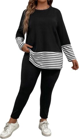 GORGLITTER Women's Plus Size 2 Piece Outfits Striped Split Long Sleeve Tee Shirt and Pants Set Tracksuits in Saudi Arabia