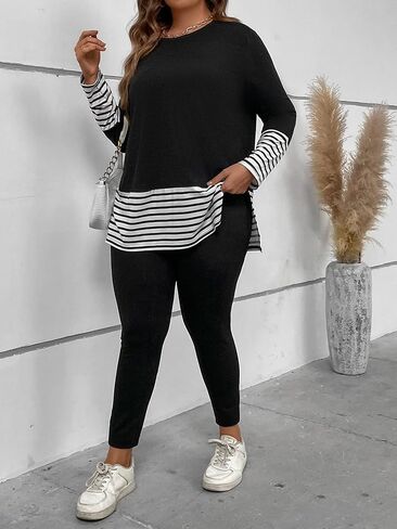 GORGLITTER Women's Plus Size 2 Piece Outfits Striped Split Long Sleeve Tee Shirt and Pants Set Tracksuits in Saudi Arabia