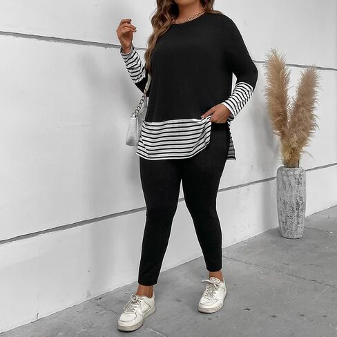GORGLITTER Women's Plus Size 2 Piece Outfits Striped Split Long Sleeve Tee Shirt and Pants Set Tracksuits in Saudi Arabia