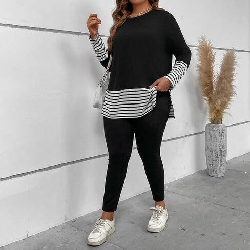 GORGLITTER Women's Plus Size 2 Piece Outfits Striped Split Long Sleeve Tee Shirt and Pants Set Tracksuits in Saudi Arabia