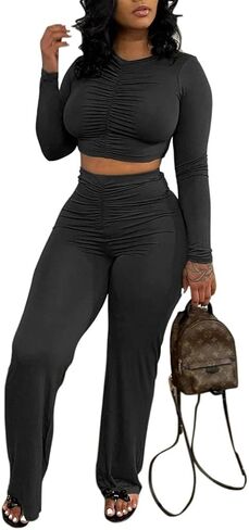 Molilove قطعتين ملابس للنساء مثير Bodycon كم طويل المحاصيل الأعلى عالية الخصر واسعة الساق السراويل دعوى 2 قطعة مجموعة in Kuwait