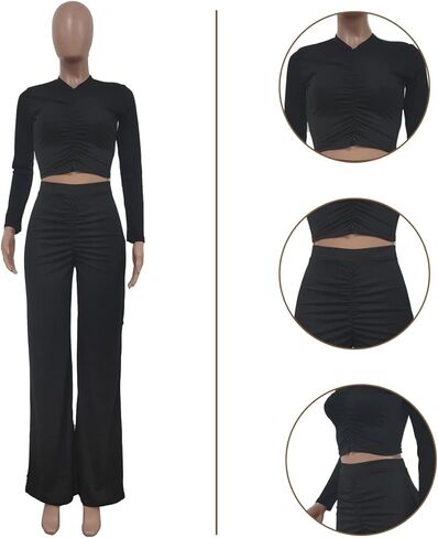 Molilove قطعتين ملابس للنساء مثير Bodycon كم طويل المحاصيل الأعلى عالية الخصر واسعة الساق السراويل دعوى 2 قطعة مجموعة in Kuwait