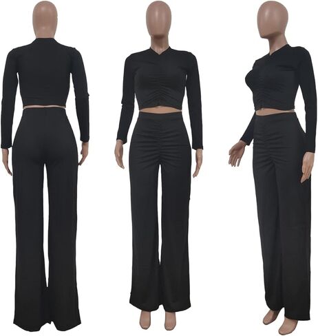 Molilove قطعتين ملابس للنساء مثير Bodycon كم طويل المحاصيل الأعلى عالية الخصر واسعة الساق السراويل دعوى 2 قطعة مجموعة in Kuwait