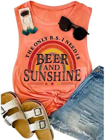 تي شيرت TOWNOWN Beer and Sunshine بدون أكمام للسيدات بدون أكمام صيفي برسومات جرافيك، تي شيرت لقضاء العطلات على الشاطئ in Kuwait