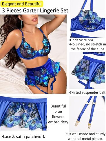 Kaei&Shi Floral Embroidered Sheer,Underwire,High Waisted Belt,Thong,Garter Lingerie Set in Saudi Arabia