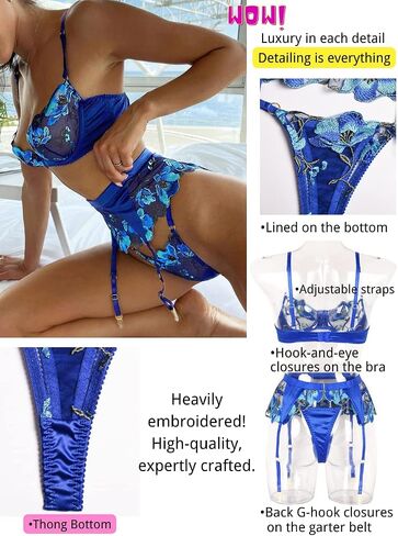 Kaei&Shi Floral Embroidered Sheer,Underwire,High Waisted Belt,Thong,Garter Lingerie Set in Saudi Arabia