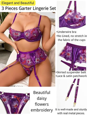 Kaei&Shi Floral Embroidered Sheer,Underwire,High Waisted Belt,Thong,Garter Lingerie Set in Saudi Arabia