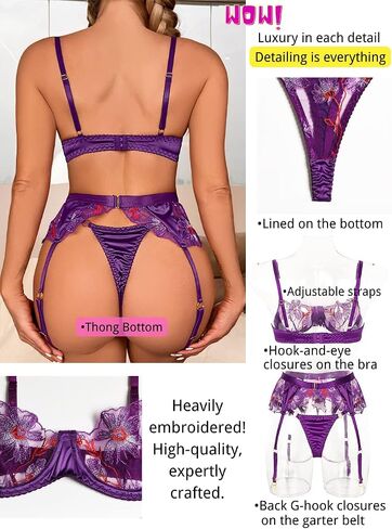 Kaei&Shi Floral Embroidered Sheer,Underwire,High Waisted Belt,Thong,Garter Lingerie Set in Saudi Arabia