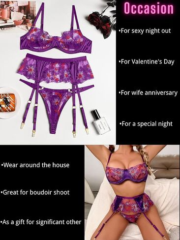 Kaei&Shi Floral Embroidered Sheer,Underwire,High Waisted Belt,Thong,Garter Lingerie Set in Saudi Arabia