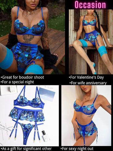 Kaei&Shi Floral Embroidered Sheer,Underwire,High Waisted Belt,Thong,Garter Lingerie Set in Saudi Arabia