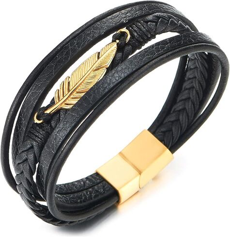 COOLSTEELANDBEYOND Mens Women Steel Gold Color Feather Multi-strand Black Braided Leather Bangle Bracelet in Saudi Arabia