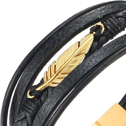 COOLSTEELANDBEYOND Mens Women Steel Gold Color Feather Multi-strand Black Braided Leather Bangle Bracelet in Saudi Arabia