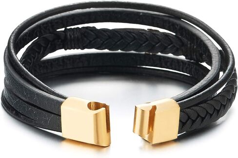 COOLSTEELANDBEYOND Mens Women Steel Gold Color Feather Multi-strand Black Braided Leather Bangle Bracelet in Saudi Arabia