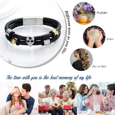 XSMZB Cremation Jewelry Skull Urn Bracelet for Ashes Keepsake Memorial Bangle Braided Leather Wristband Cremation Bracelet for Men Women in Saudi Arabia