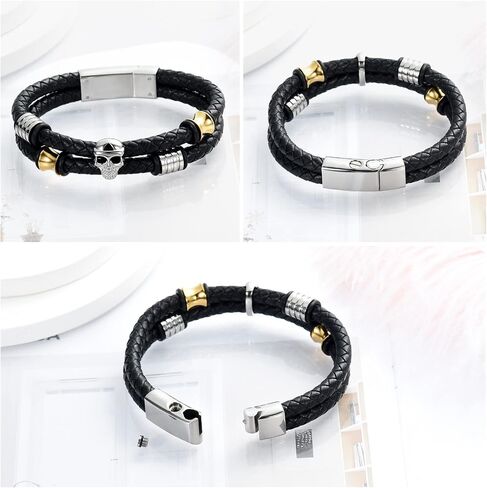 XSMZB Cremation Jewelry Skull Urn Bracelet for Ashes Keepsake Memorial Bangle Braided Leather Wristband Cremation Bracelet for Men Women in Saudi Arabia