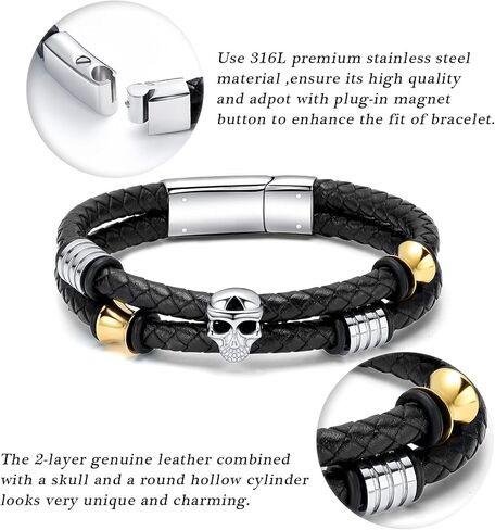 XSMZB Cremation Jewelry Skull Urn Bracelet for Ashes Keepsake Memorial Bangle Braided Leather Wristband Cremation Bracelet for Men Women in Saudi Arabia