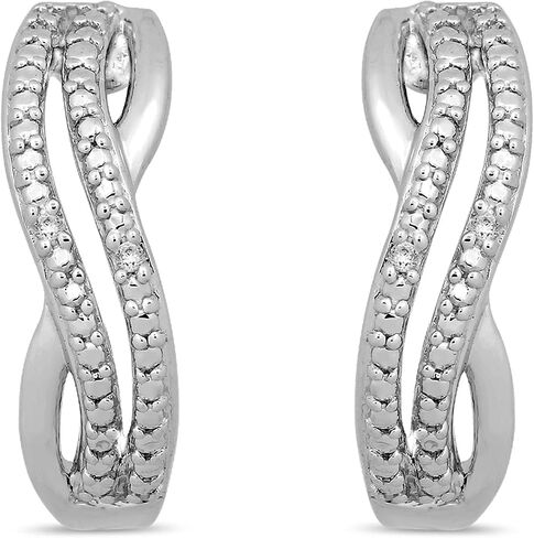 Jewelili Sterling Silver Natural White Round Diamonds Criss Cross Hoop Earrings in Saudi Arabia