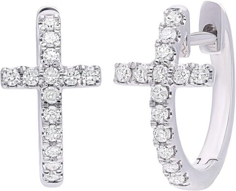 Diseno 1/5 ct t.w Round Diamond Cross Shaped Huggie Hoop Earrings Earrings in 10k White Gold in Kuwait