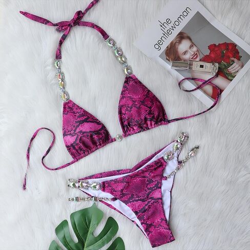 Women's Rhinestone Bikini Set Sparkly Rave Outfits Two Piece Snake Sexy Triangle Bra Halter Swimsuit Bathing Suit in Saudi Arabia