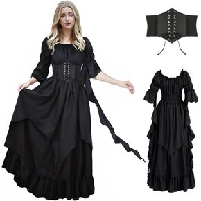 Renaissance Dress Women Gothic Witch Dress Medieval Ruffle Victorian High Low Dress Costume Set with Corset Belt