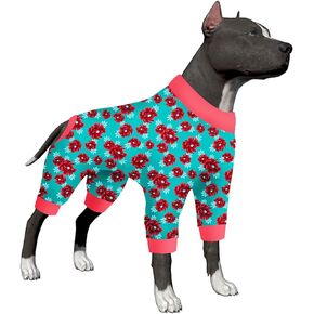 LovinPet Dog Clothes For Large Dogs Boy Pitbull -Anti Licking Bodysuit,Large Dog Wound Care/Post Surgery,Stretchy Comfy Fabric,Mint&Dark Coral Floral Print,Large Dog Pj'S For Party,Camping,Trave,Large