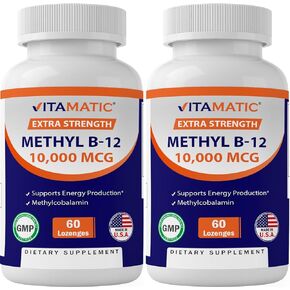Vitamatic Methyl Vitamin B12 (Methylcobalamin) 10,000 mcg (10mg) 60 Lozenges - Superior Source of Vitamin B12 (2 Pack)