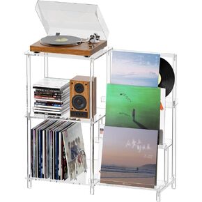 HMYHUM Acrylic Record Player Stand with Vinyl Storage, 3-Tier Record Player Table with Record Holder, Holds Up to 200 Albums, with Dividers, Modern, Clear