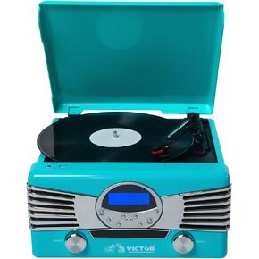 VICTOR Diner 7-in-1 Turntable Music Center with 3-Speed Record Player, CD/MP3 Player, AM/FM Radio, Dual Bluetooth in & Out, USB Playback & Record, and Built-in Stereo Speakers, Turquoise