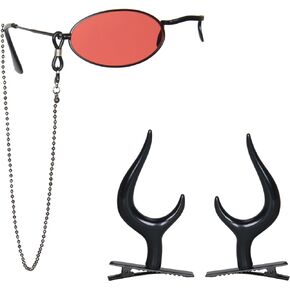Black Devil Horns and Red Monocle with Glasses Chain Anime Cosplay Accessories Set