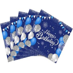 40PCS Happy Birthday Napkins Blue and Silver Theme Disposable Paper Napkins for Dinner Picnic Cocktail Birthday Party Supplies Decorations for Man Woman