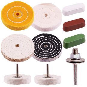 Swpeet 3" Buffing Polishing Wheels Polish Pad 8Pcs Kit with 3Pcs Polishing Compounds and 1/4" Drill Shank, White Cotton(50Ply)/ Yellow Cotton(36Ply)/Coarse Linen/Denim Wheels for Bench Grinder