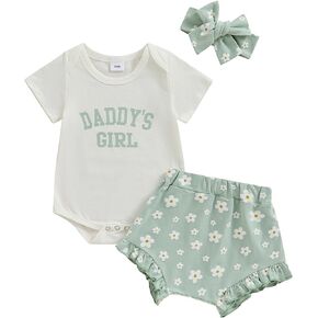 Muasaaluxi Newborn Baby Girl Clothes Daddys Girl Short Sleeve Romper Daisy Ruffle Shorts Headband 3Pcs Summer Outfit 0-18M