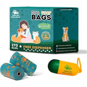 Dog Poop Bags Rolls with Dispenser, Pet waste bags for Dog & Cat, Unscented doggie bags, Bulk dog poop bags Thick and Leakproof, Dog waste bags 120 Pieces 9 * 13 inches Happy Pet! Happy Planet!