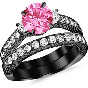 2.03 Carat 14K Black Gold Three Stone Vintage With Milgrain & Filigree Bridal Set with Wedding Band & Diamond Engagement Ring with a 1 Carat Natural Pink Sapphire Center (Heirloom Quality)