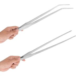 Aquarium Tweezers Extra Long 15 inches Feed Tong Clamps - FEITA Straight and Curved Stainless Steel 38cm Tweezers Set for Fish Tank Plants Aquascape Tools & Reptile Feeding Tongs - Black 2Pcs