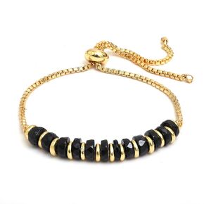 Gempires Black Spinel Heishi Bead Slider Bracelet, Black Crystal Bracelet for Women with 14K Yellow Gold Plated Chain, Adjustable Length 6-8 Inch (Black Spinel)