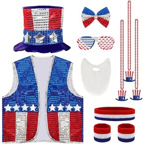 9 Pcs 4th of July Costume Patriotic Costume Accessories Set, American Patriotic Hat American Flag Headband Wristbands Vest Usa Sunglasses Necklaces Bow Ties Beard for Independence Day