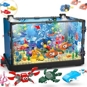 Fish Tank Building Block, Lighting Aquarium Building Sets for Adults and Kids Including Ocean Jellyfish, Dolphin, Turtle, Crab, Animal Building Toys for Boys Age 8-12, 725pcs