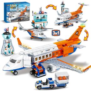 HOGOKIDS City Passenger Airplane Building Set - 711 PCS STEM 3 in 1 Airport Passenger Plane Building Block Toy with Baggage Truck Radar Tower Shuttle Bus for Boys Girls Kids Adults 6 7 8 9+ Years Old