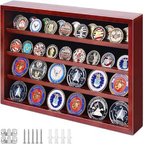 PiaoHao Challenge Coin Display Case 100% Solid Wood Military Coin Wooden Holder Rack Stand Holds 80 Coins for Desk or Wall Mount, Coin Holders for Collectors (Mahogany)