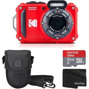 Kodak PIXPRO WPZ2 Rugged Waterproof Shockproof Digital Camera 16MP 4X Optical Zoom 1080P Full HD Video, 2.7" LCD (Red) Bundle with Camera Case, SanDisk 32GB microSDHC Card (4 Items)