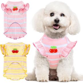2 Pack Striped Small Dog T Shirt Cute Cherry Girl Dog Clothes for Small Dogs Cats Breathable Soft Cotton Pet Puppy Sleeveless Vest Spring Summer Doggy Outfits（Pink+Yellow,Small）